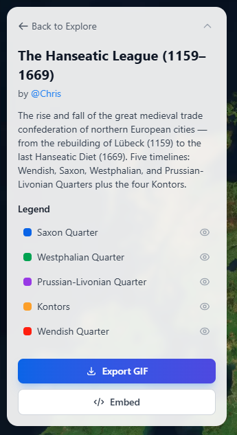 The GIF export and embed options on a published map in Moving Polygons