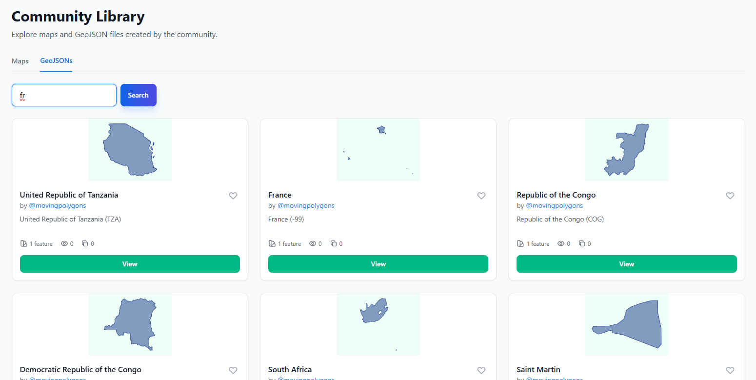 The Community Library in Moving Polygons, showing published maps and GeoJSON files