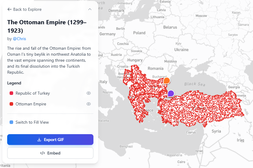 Particle View rendering of an animated historical map on Moving Polygons
