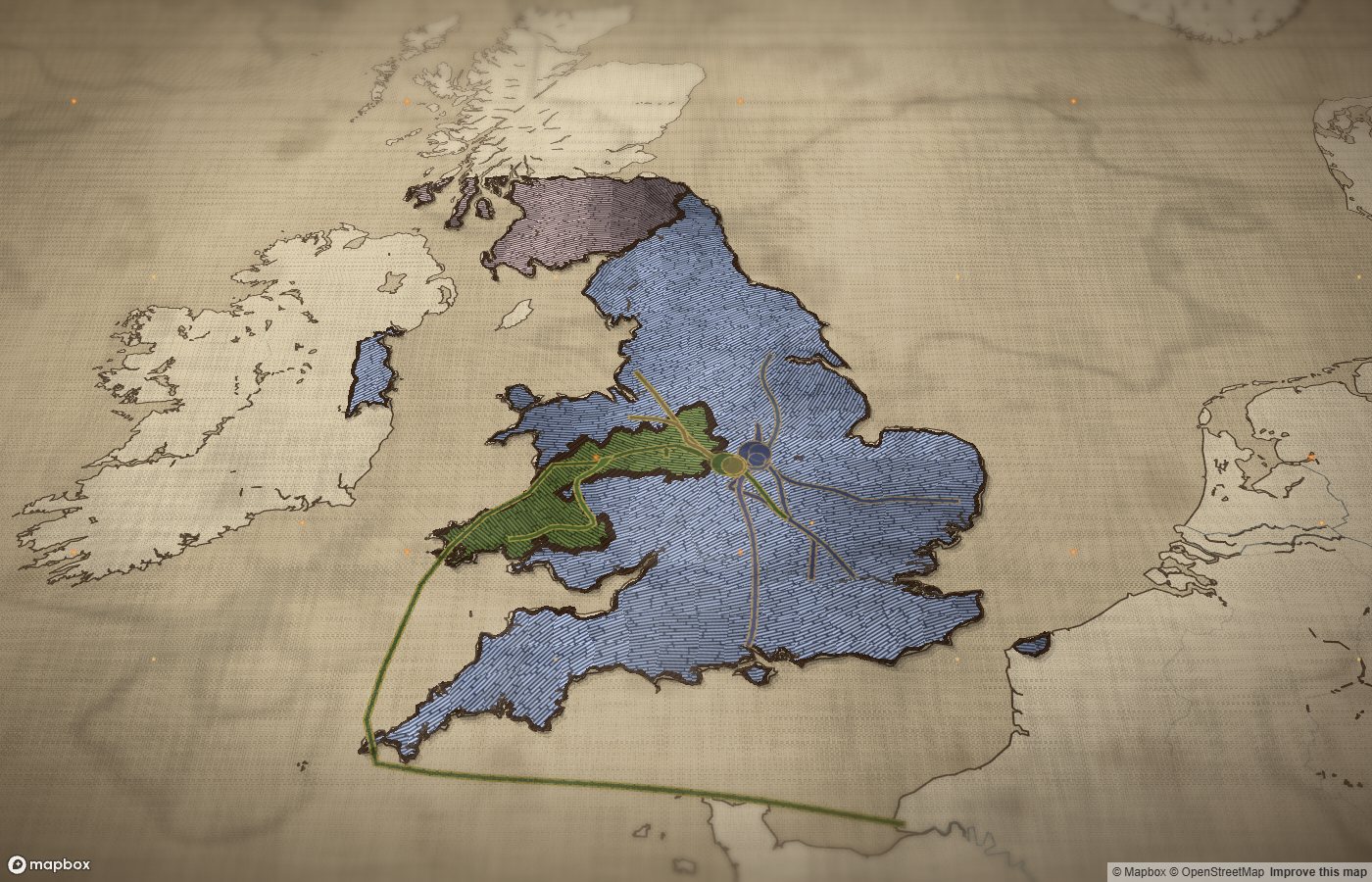 The Wars of the Roses map in the Tapestry style: England and Wales embroidered in slate blue and moss green on linen, with Henry Tudor's route from Harfleur to Bosworth stitched across the cloth