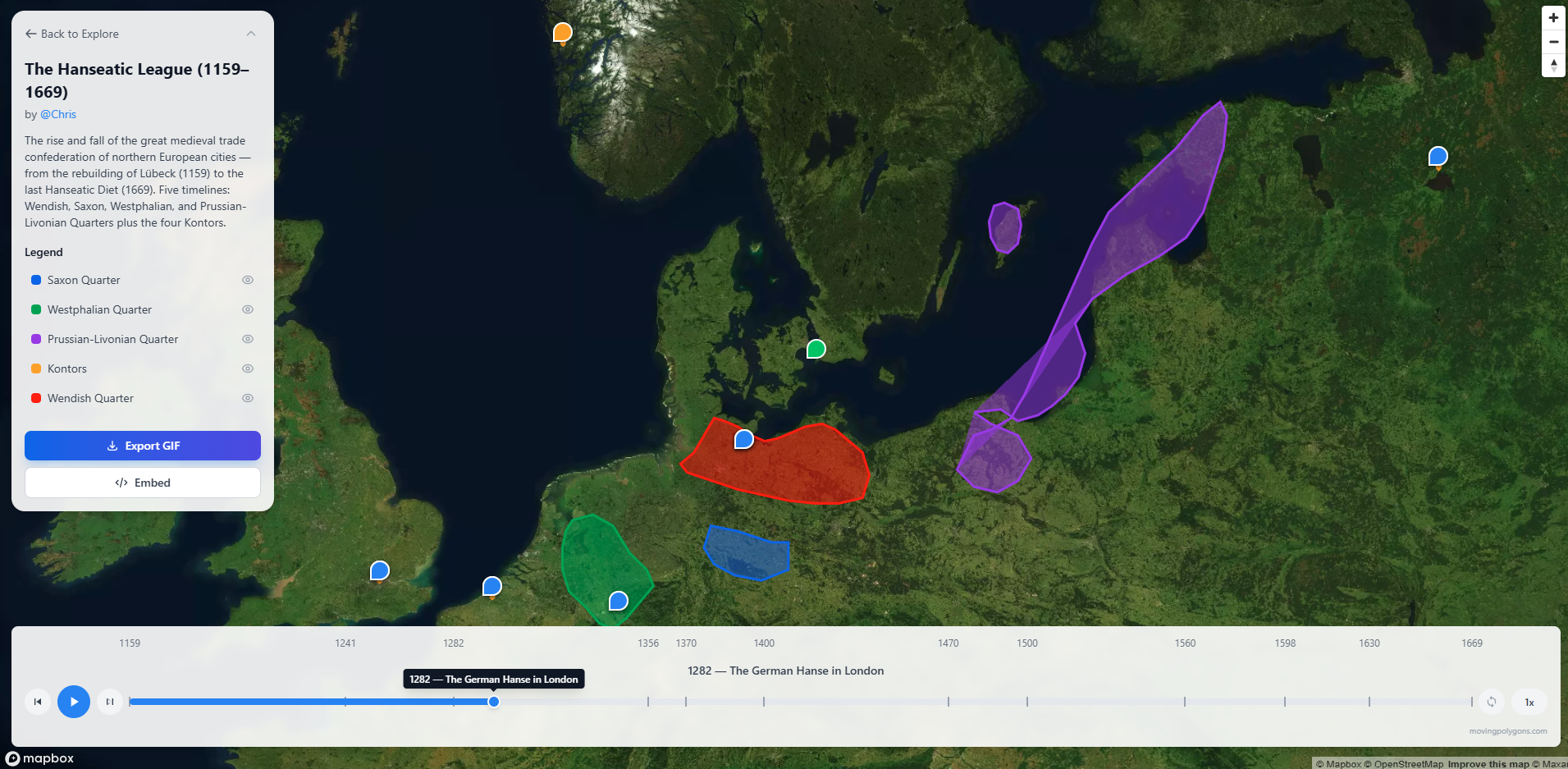 A published animated map with playback controls and sharing options